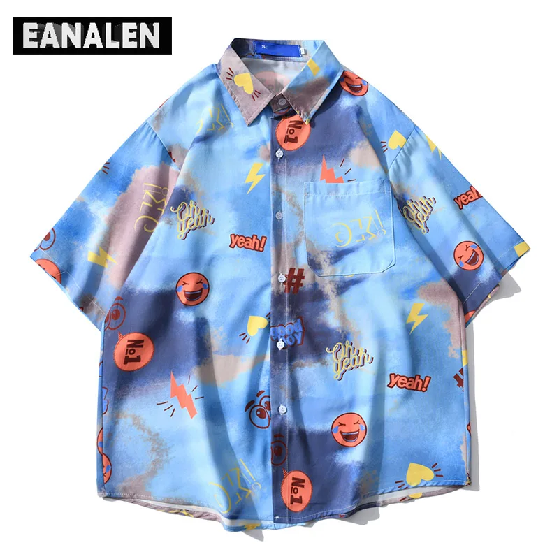 

Harajuku Smiley Graffiti Pattern Shirt Men Oversized Retro Fashion Korean Clothing Social Hawaiian Short Sleeve Shirt Aesthetic