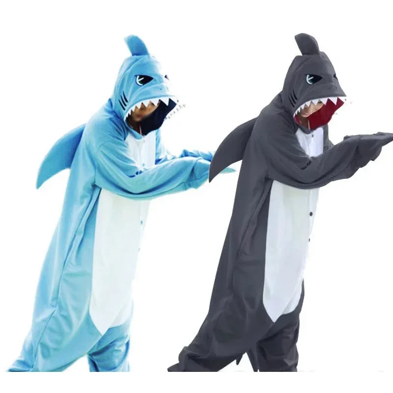 Новинка 2025 кигуруми унисекс пижамы для взрослых синяя акула мягкий флис с