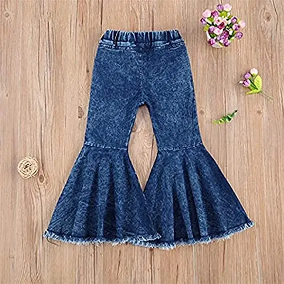 

Toddler Little Girl Flared Long Pants Solid/Floral Printed Elastic High Waist Jeans Trousers Bell Bottoms Outfit