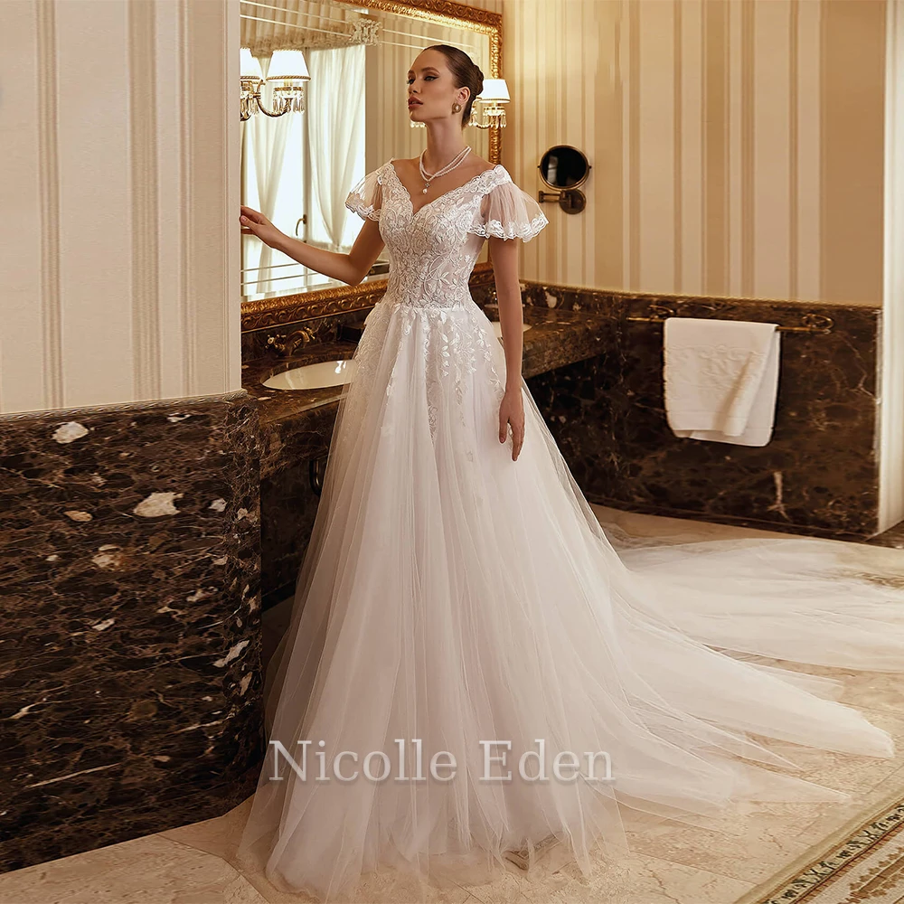 

Nicolle Eden Boho Flare Sleeve A Wedding Dresses Exquisite Lace Appliques Formal Bride Gown Vestido De Casamento Custom Made