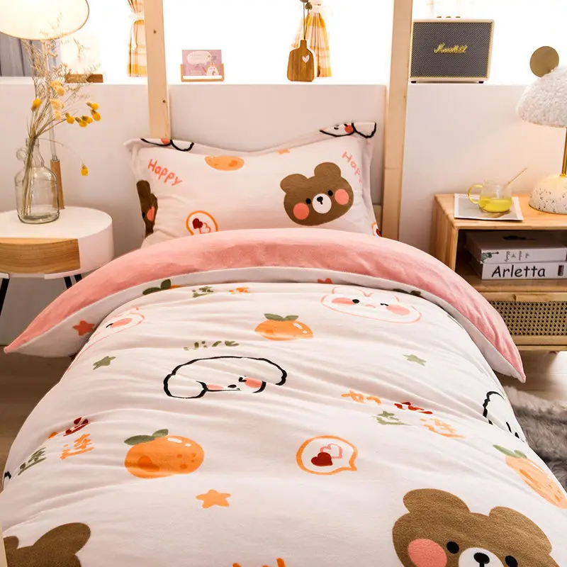 

Winter Thickened Plush Bedding Set Korean Style Cute Soft Warm Student Dormitory Duvet Cover Bedsheet Pillowcase Queen Size 3pcs