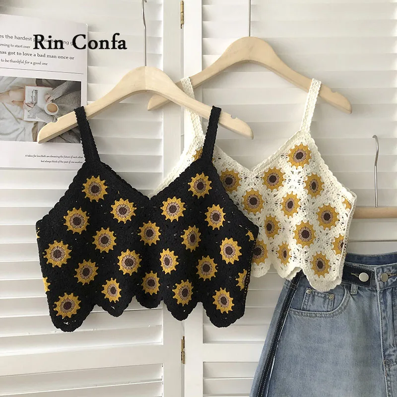 

Rin Confa Summer New Style Hook Flower Sunflower Craft Knitting Top Women Short Hollow Out Top Bohemia Sand Beach Sling Vest
