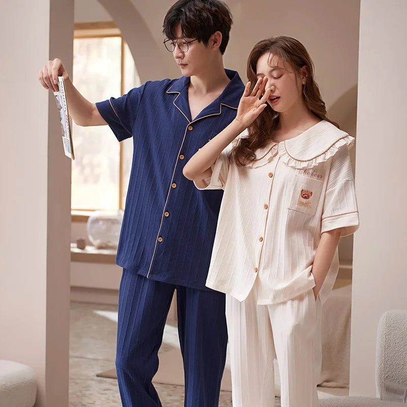 Couple Two Piece Set Summer Pijamas Cotton Short-sleeved Tops Trousers Clothes Women and Men Home Clothes Sleep Wear Pj Sets