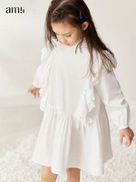 amii kids dress for girls 2022 new autumn long sleeves sweet solid 100 cotton patchwork ruffles white princess dresses 22230054