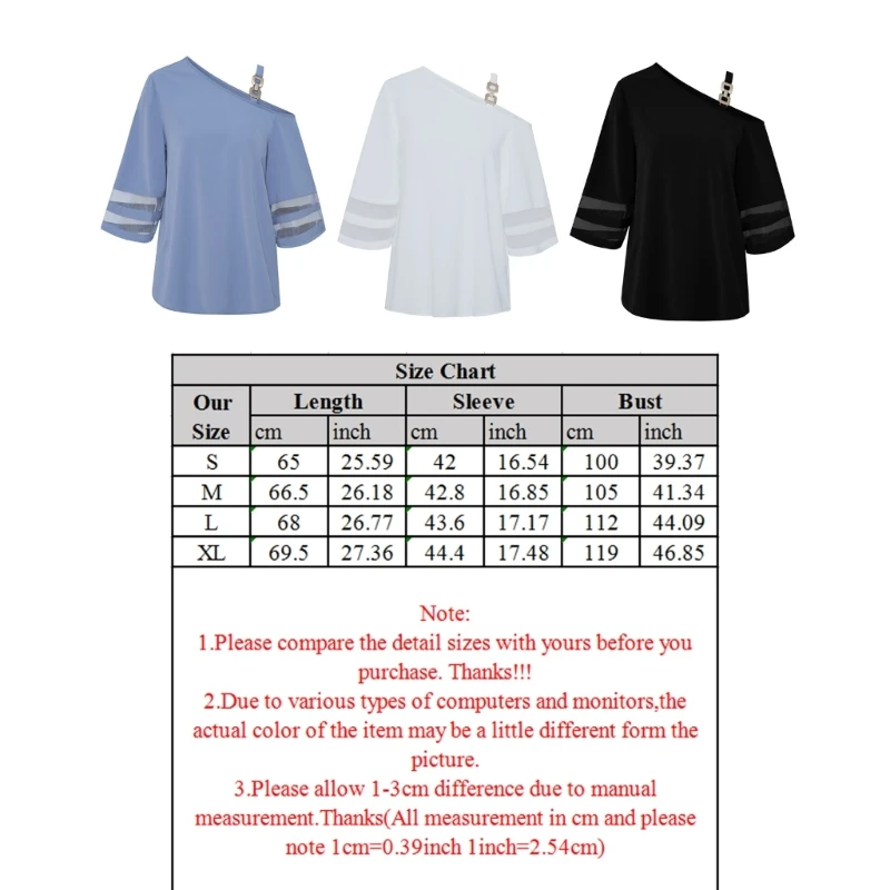 M2EA Women Mesh Panel 3/4 Flared Sleeve Blouse Sexy Metal Buckle Cold Shoulder Solid Color Casual Loose Shirts Tunic Top images - 6
