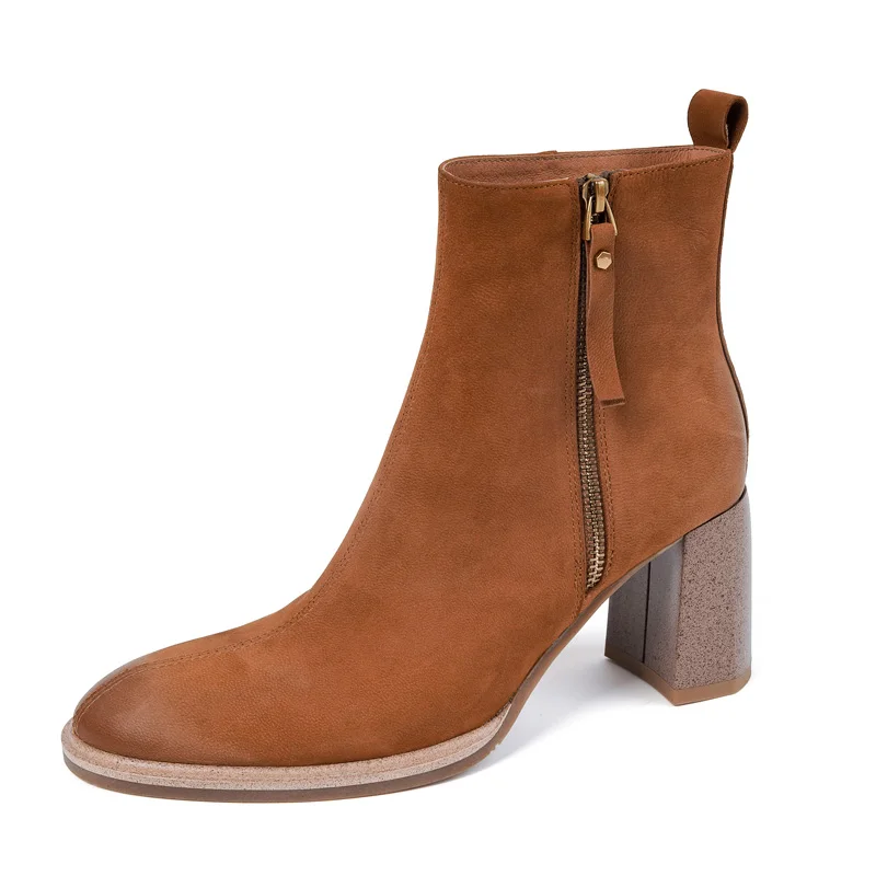 

Women Nature Suede Ankle Boots Small Hut Autumn Winter Black Brown High Thick Heeled Boot Ladies Round Toe Double Zipper Shoes