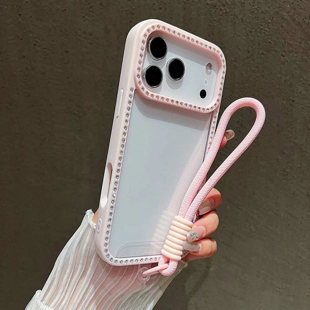 Фото Роскошный прозрачный чехол для телефона с бриллиантом и ремешком для iPhone 11, 12, 13, 14, 15, 16, 17 Pro Max, противоударный чехол с ремешком на запястье №2