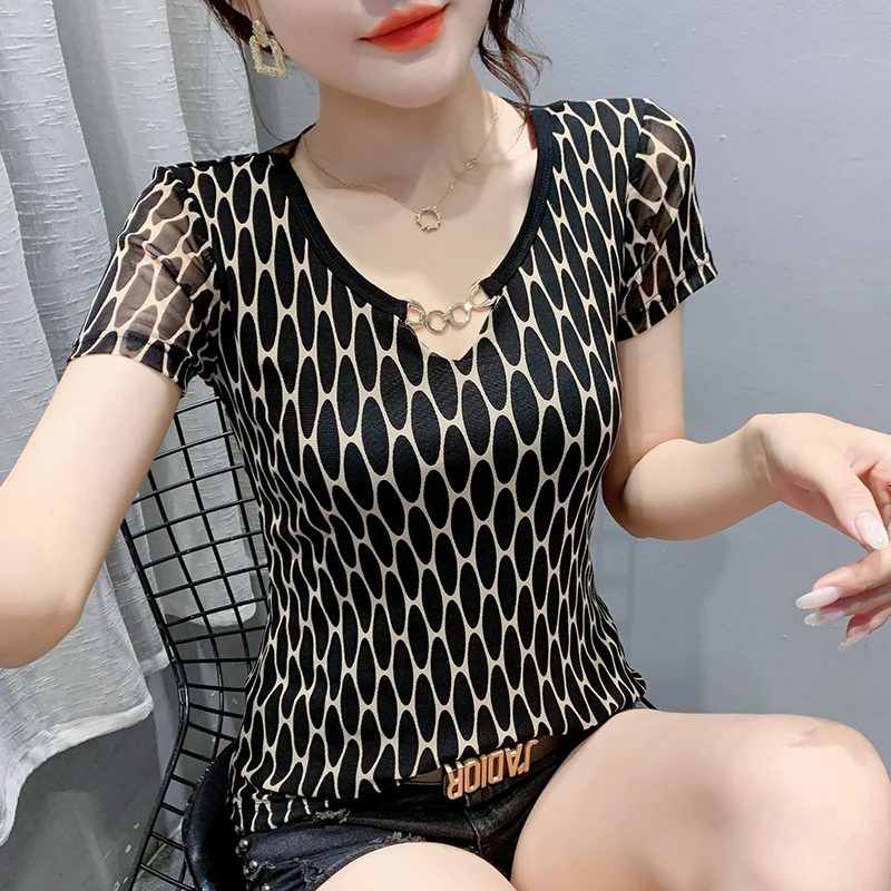 

Новинка лета 2022, сетчатый кружевной топ с принтом, футболка, женская одежда, подходящая ко всему футболка с коротким рукавом, стандартная Ко...