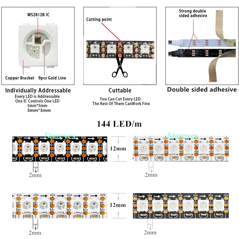 1 шт. волшебный цвет SMD 5050 м WS2812B DC5V 144 светодиодный/m RGB Светодиодная лента