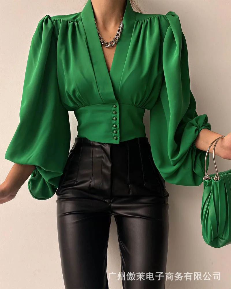 

Elegant Casual OL Office Shirt Ladies V-neck Ruffled Button Fashion Tops 2022 Spring New Trend Lantern Sleeve Solid Color Top