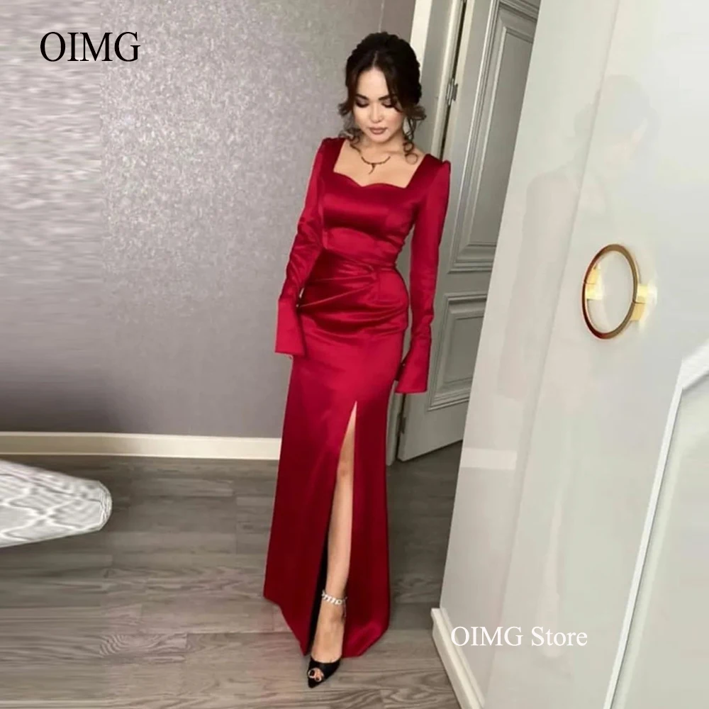 Купи OIMG Red Satin Long Sleeves Evening Dresses Sweetheart Side Split Floor Length Simple Formal Party Prom Dress Celebrity Gowns за 4,389 рублей в магазине AliExpress