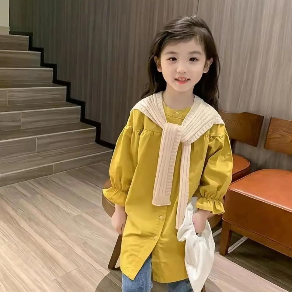 

Рубашка средней длины с рукавами-фонариками для девочек, пальто из 100% хлопка, модная детская шаль с длинными рукавами на весну и осень