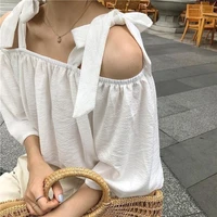 feiernan white shirt women oversize t shirt off the shoulder top office ladies solid color bandage short sleeve blusas mujer