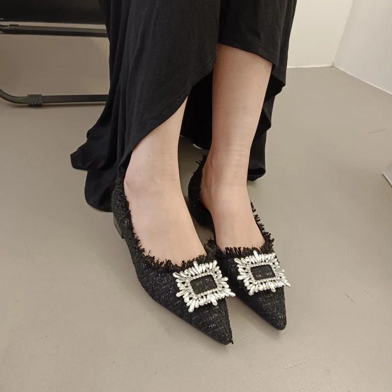 ZOOKERLIN Pointed Denim Tassel Rhinestone Square Buckle Flats Shoe Women's Shoes Fashion Elegant Slip On Dress Shoes Solid Color