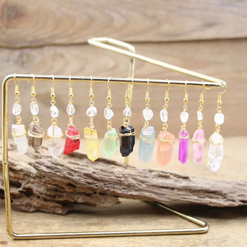 

Healing Raw Crystal Point Dangle Hook Earring Hand Crafted Wire Wrap Quartz Stick Reiki Eardrop Women Bohemian Jewelry QC7024