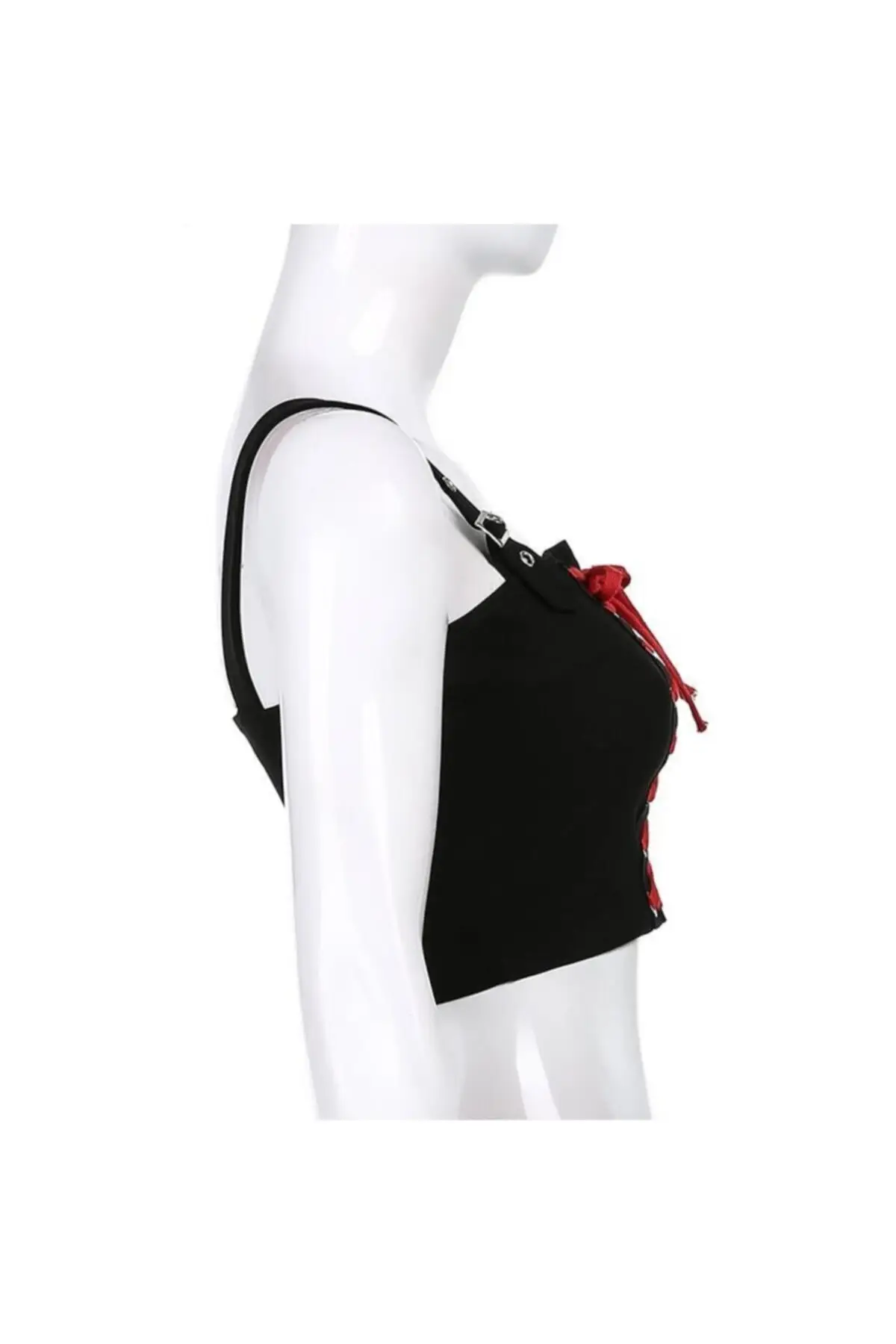 

Women Black Gothic Grunge Style Front Laced Eyelet Detailed Summer Bustier Strap Crop T-Shirt Sexy Short Blouse Design Kawai Trend