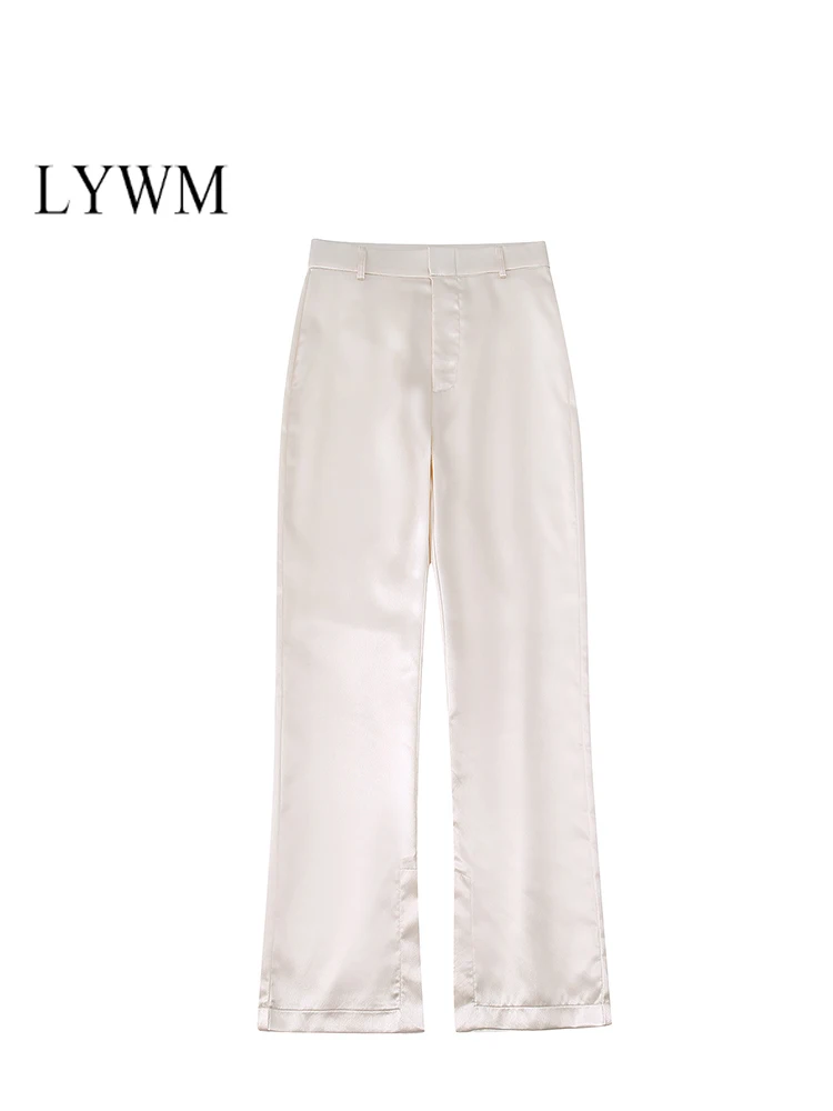 

LYWM Women Fashion Office Lady Satin Straight Pants Side Pockets Vintage High Waist Female Trousers Mujer Chic Outfits