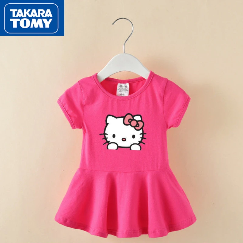 

TAKARA TOMY 2022 Cute Hello Kitty Summer Dress Girls Cotton Breathable Cartoon Print Dress Baby Breathable Round Neck Dress