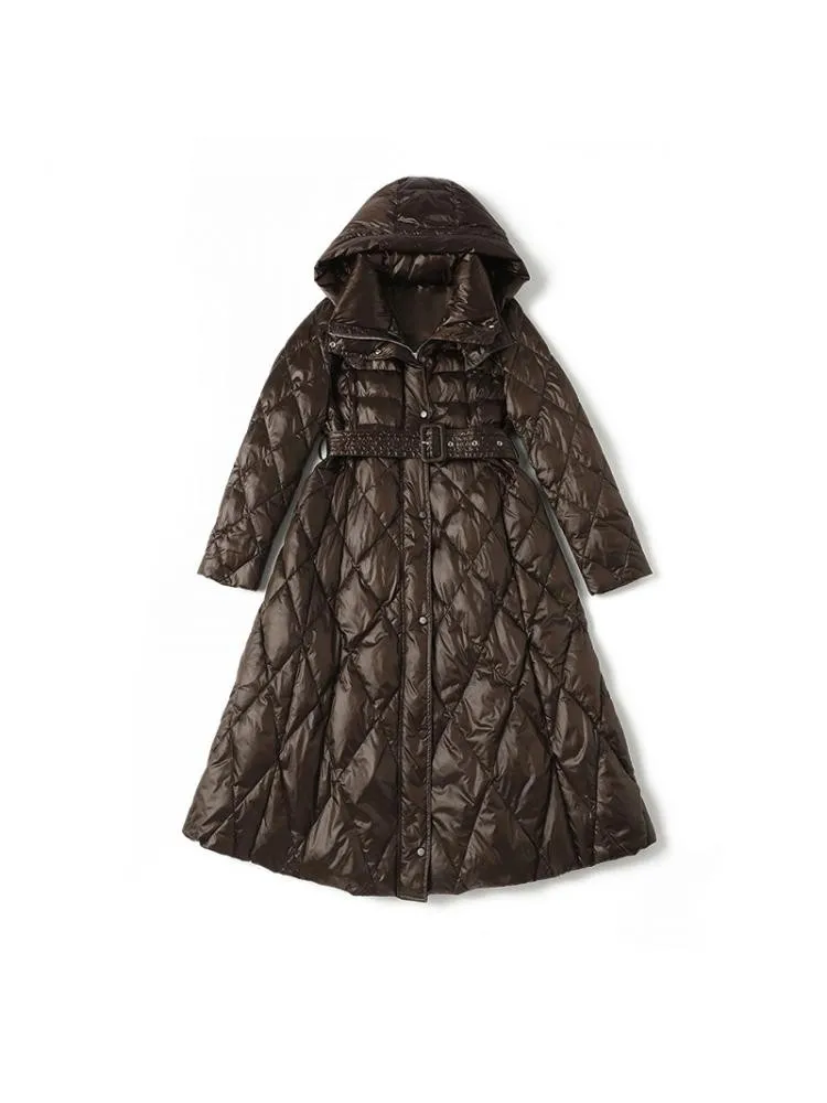 Europe 2022 Winter Long Hooded Plaid 90 White Duck Down Coats Women High-End Loose Lace Up Thicked Warmer Bread Cloth Jackets