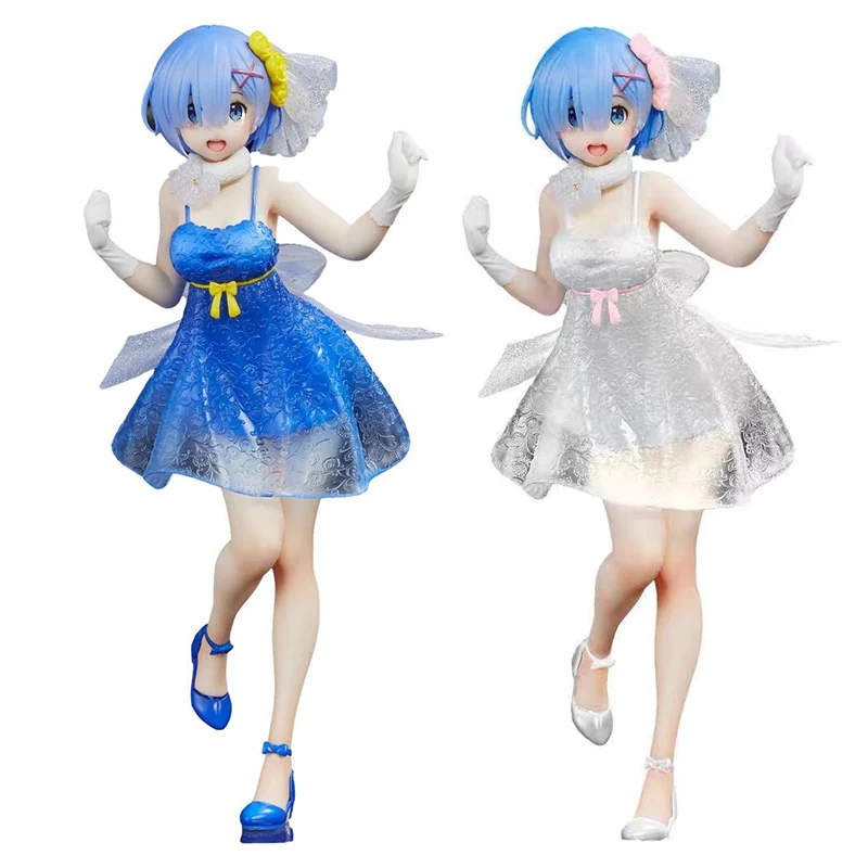 

23CM Anime Figure Re:Life In A Different World From Zero Rem Blue White Crystal Dress Model Dolls Toy Gift Collect PVC Material