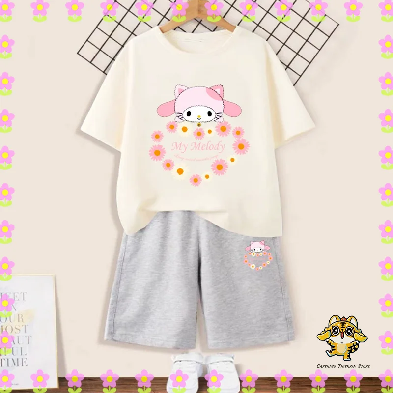 

Sanrio Pachacco Kuromi Melody Children T-Shirt Sets Kawaii Girl Boy Sportswear Comfortable Casual Clothes Outgoing Clothes