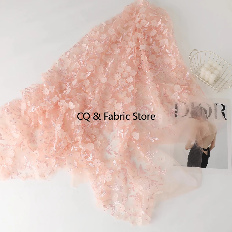 Фото Ins Style Pink Laser 3D цветочная вышитая сетчатая ткань для женщин платья детские платья по метрам №3