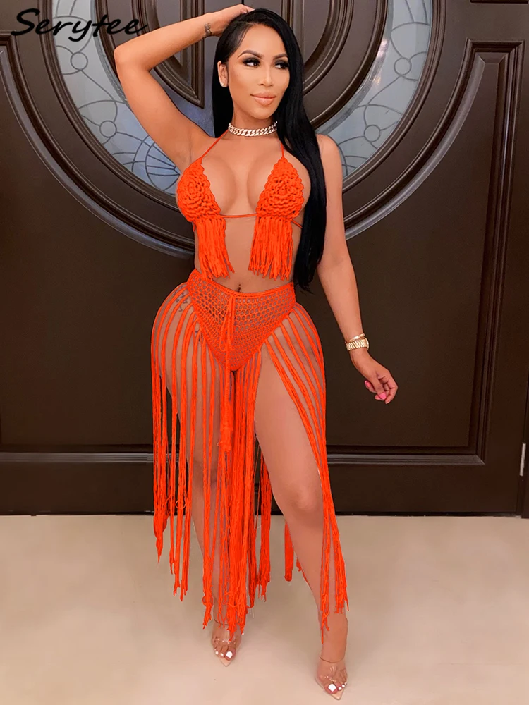 

Sertyte Sexy Crochet Tassel Long Skirt Two Piece Set Beach Dress Suit Women 2022 Summer Outfit Two Piece Set Orange Matching Set