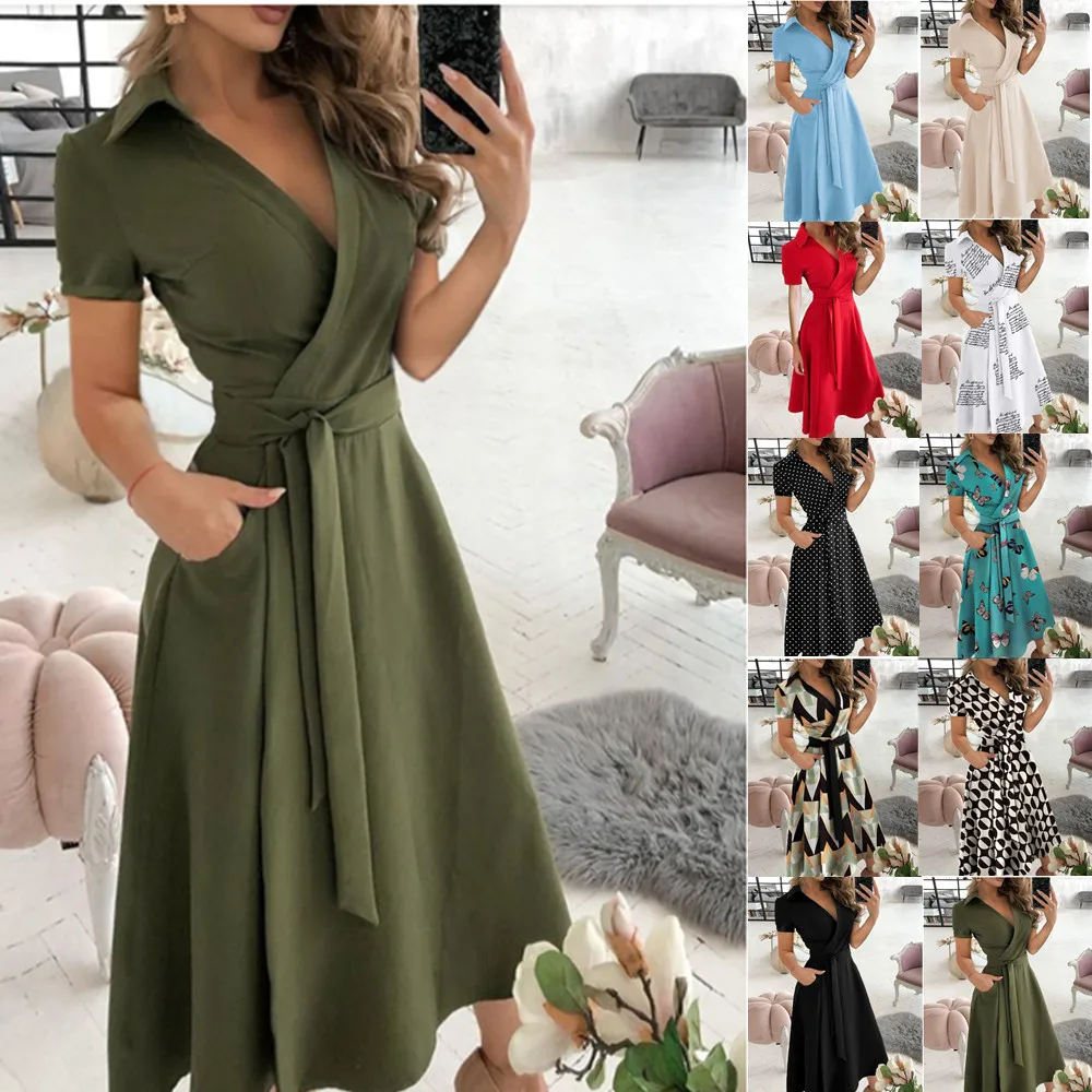 

Office Lady Elegant Summer Short Sleeveless Dress Women Casual Turn-Down Collar Belt Dress Sexy V Neck Slim Solid Long PartyRobe
