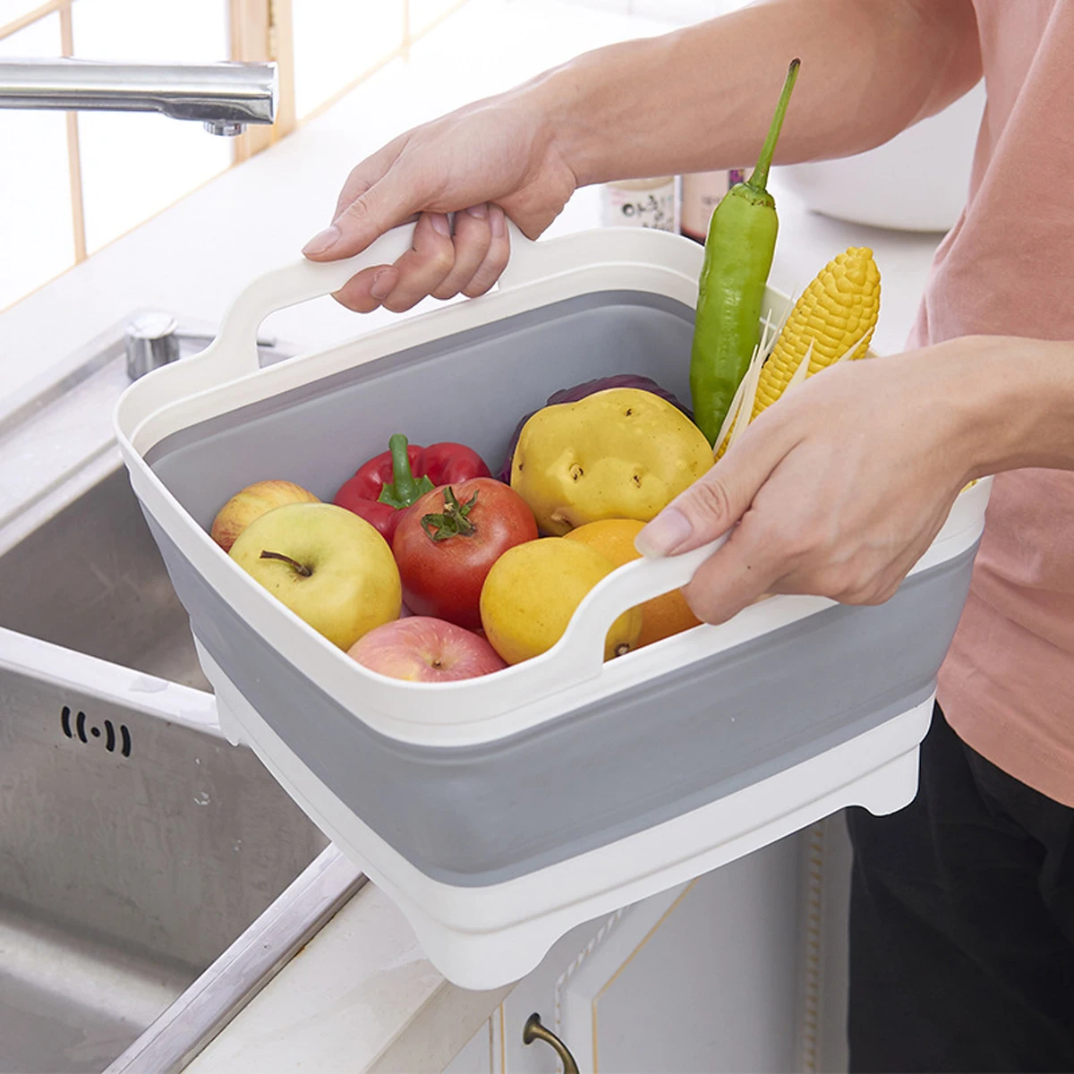 

Folding Wash Basin Silicone Dish Tub Collapsible with Drain Plug Carry Handles Washing Basin Drainer Sink Colander for Camping