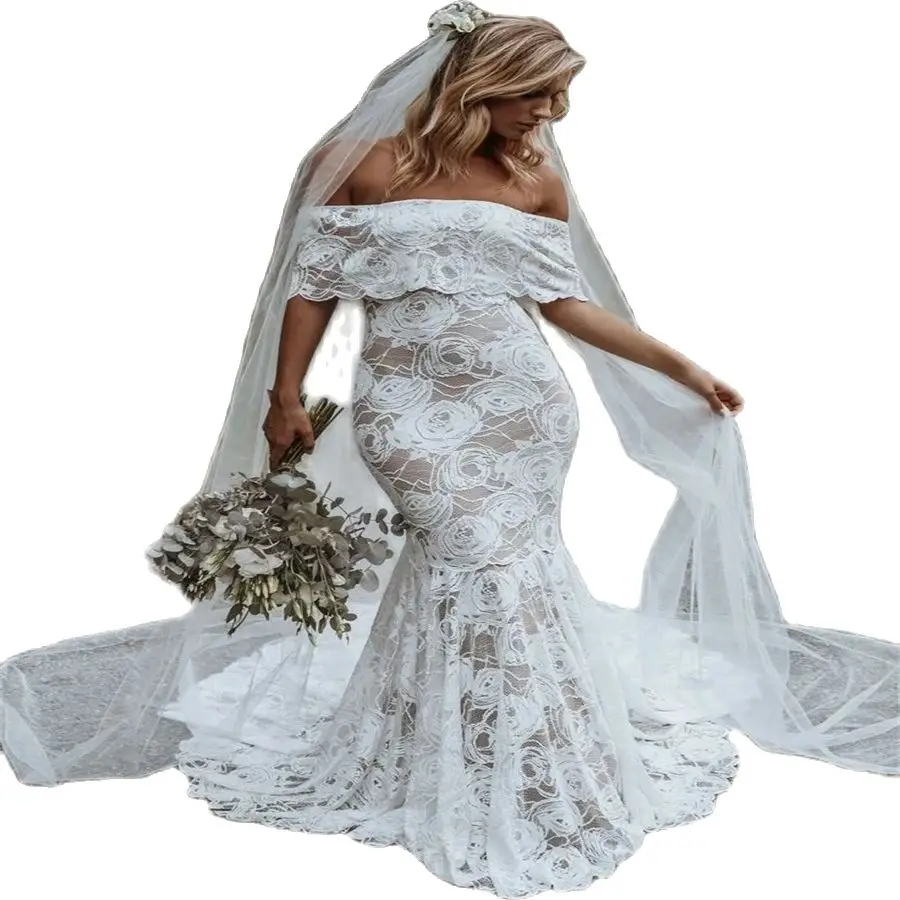 Кружевное свадебное платье в стиле бохо с открытыми плечами богемное русалки на