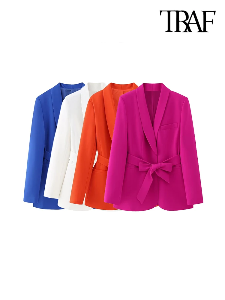 TRAF Women Fashion With Belt Front Hidden Button Blazer Coat Vintage Long Sleeve Welt Pockets Female Outerwear Chic Vestes