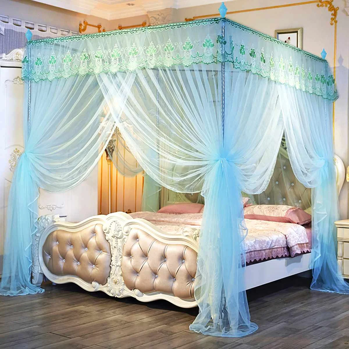 

New Luxury Princess Canopy Bed Curtains 4 Corner 3 Side Openings Post Bed Curtain Canopy Netting Mosquito Net Bedding No Bracket