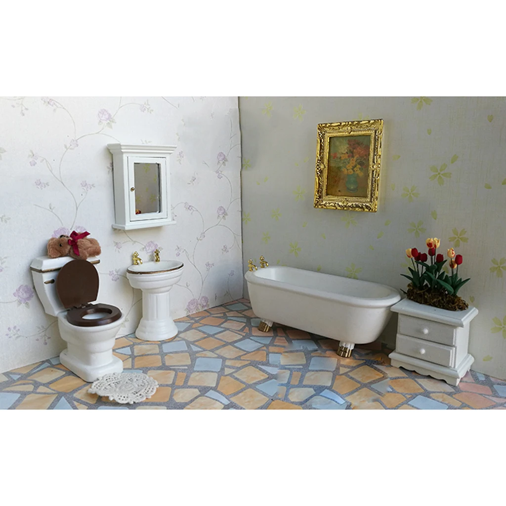 dollhouse bathroom toilet basin brush stand mirror box cabinet set for 112 scale free global shipping