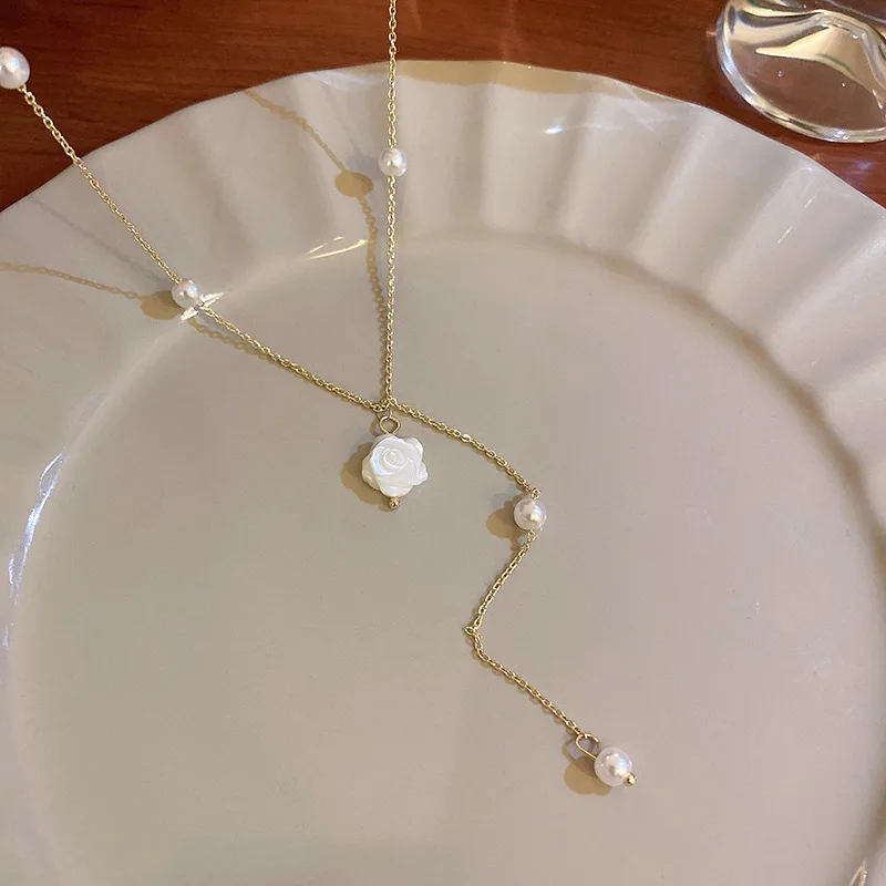 

French Sweet Pearl Flower Shell Handmade Simple Personality Long Necklace DIY Fashion Jewelry