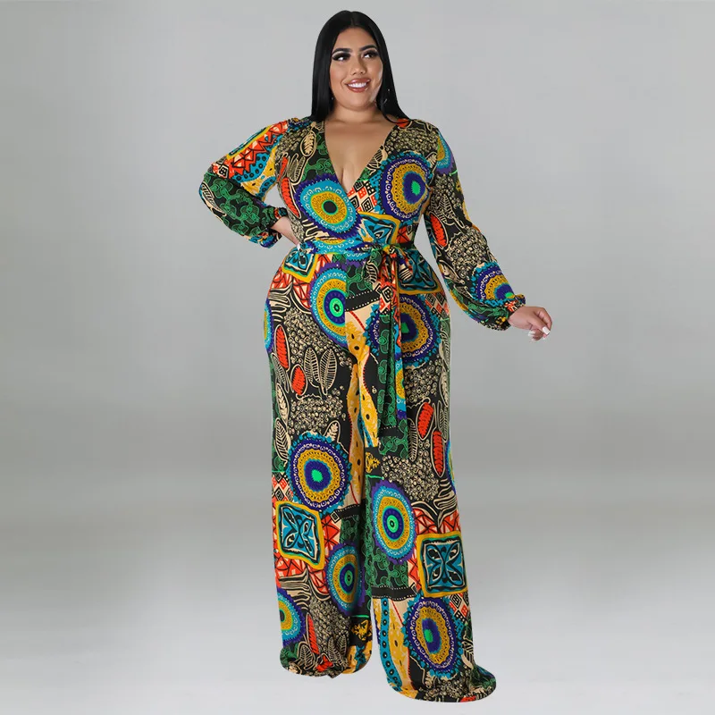 

Plus Size Women Jumpsuits Print Bandage One Piece Outfit Fashion V Neck Club Jumpsuits 2022 Autumn Lady Loose Pants Wholesale