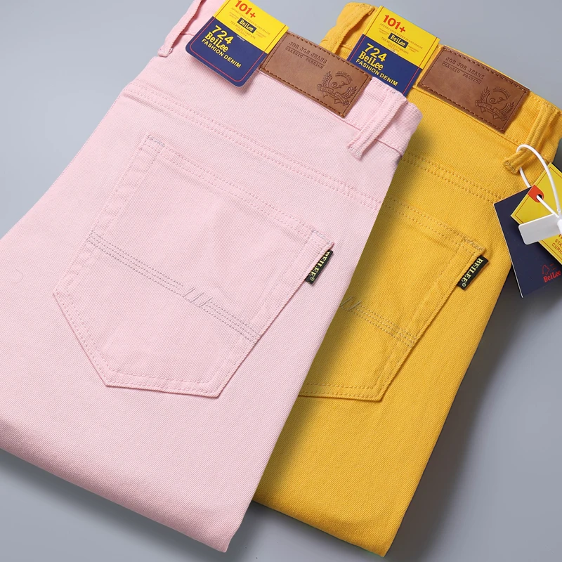 

Spring AutumnMen's Yellow Stretch Regular Fit Jeans Classic Style Business Casual Cotton Slim Trousers Denim Pants Male Brand