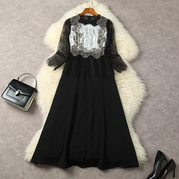 

European and American women's clothes 2023 spring new Nine-point sleeve Lace contrast Fashion patchwork pleated dress