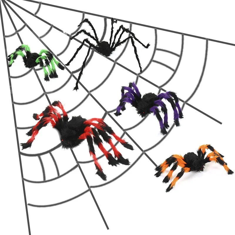 

Большой плюшевый паук, 1 шт., 30 см, 50 см, 75 см, изготовленный из проволоки и плюшевый черный и разноцветный стиль, искусственный паук или украшения на Хэллоуин