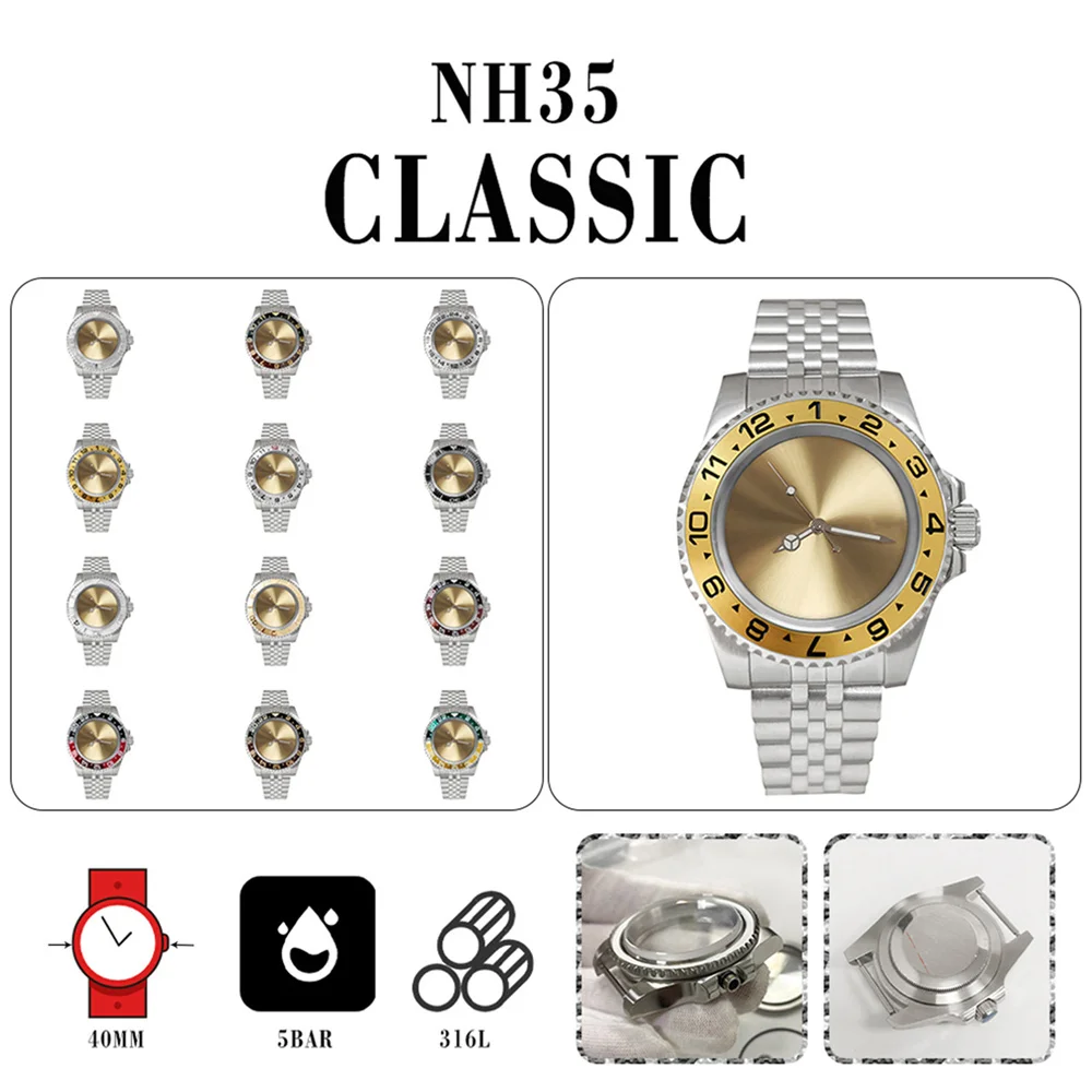 

40MM Steel Watch Case Five-beaded Strap Sapphire Glass No Calendar Gold Watch Dial w/ NH35 Movement Mechanical Watch