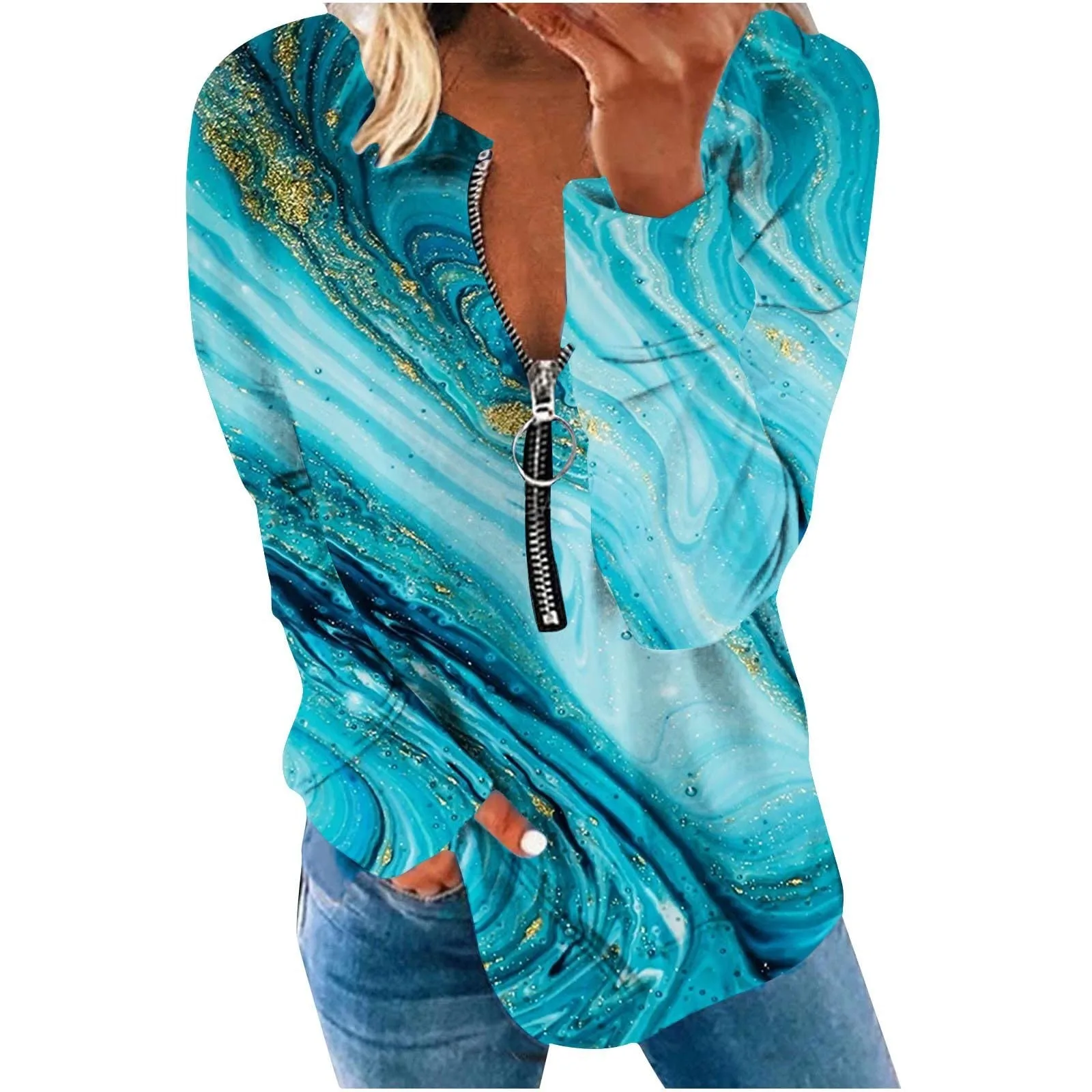 

Womens 2022 Fall Fashion Tops Dressy Casual Crewneck Sweatshirt Long Sleeve Half Zipper Loose Pullover Basics Sweater Women