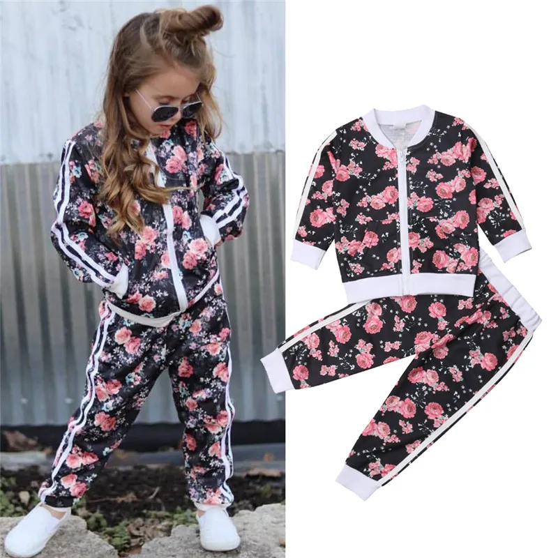 

3-7 Years Kids Baby Girl Clothes Set Floral Print Long Sleeve Sweatshirt Long Pants Outfits Toddler Autumn Tracksuit Clothing