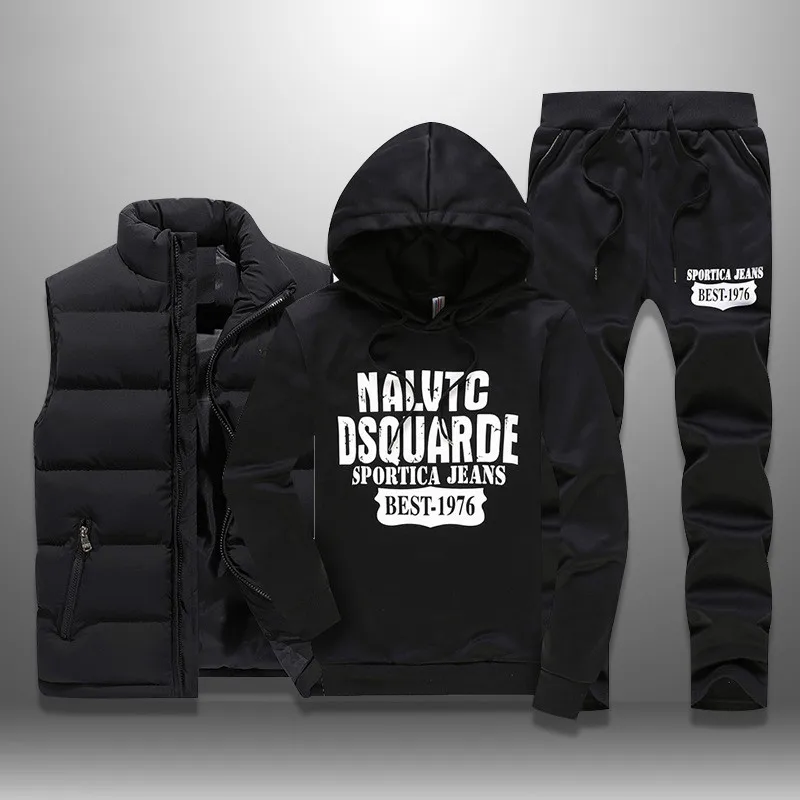 Men's Tracksuits Casual Set 3 Pieces Warm Vest Sweatpants Hoodie Letter Printed Plus Size 5XL Mens Joggers Set Sweat Suits 2022