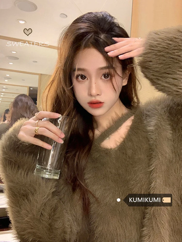 

Harajuku Elegant Women Mink Velvet Sweater Knitted Basic Pullovers Loose Soft Female Knitwear Jumper Casual Fashion Autumn