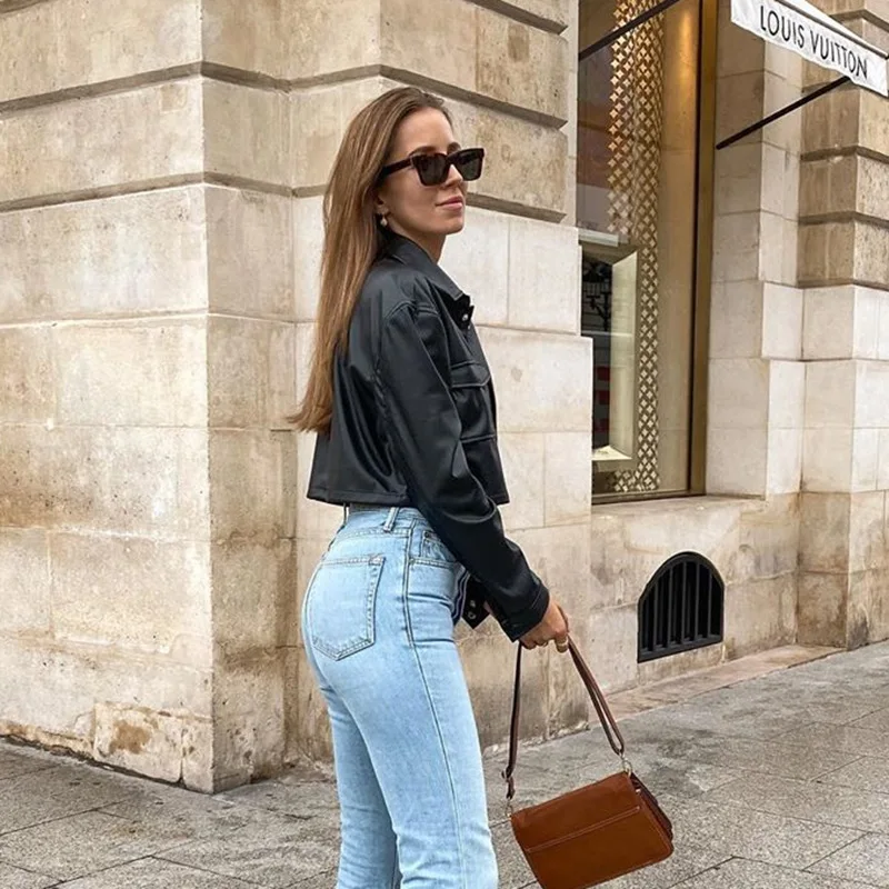 FANTIGO 2023 Autumn Winter Women Clothing Pu Leather Jacket Female Sexy Super-short Motor Biker Jacket For Xl Black Tops Coats