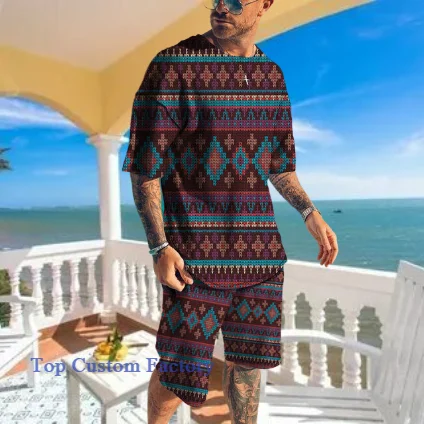 Tracksuit Suit Men's Summer Gold Pattern Street Short Sleeve Hawaii Style T-Shirt 2 Piece Set  Oversized Jogger Outfits