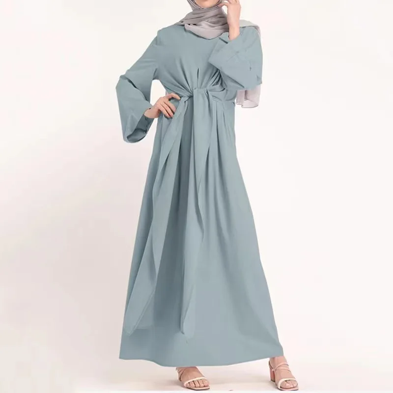 Wepbel Middle East Islamic Clothing Abaya Women Arabic Dress Robe Kaftan Solid Color Long Tie Girdle Muslim Ramadan Wear Robe