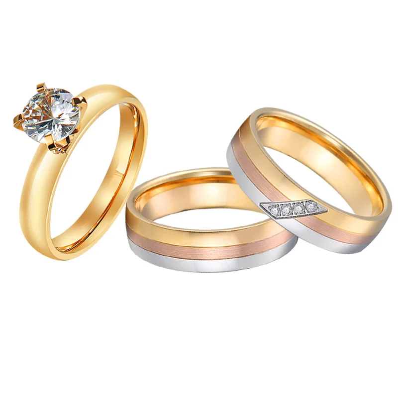 

wholesale 3pcs 14k rose gold plated titanium jewelry cz diamond ring bridal promise wedding engagement rings set for couples