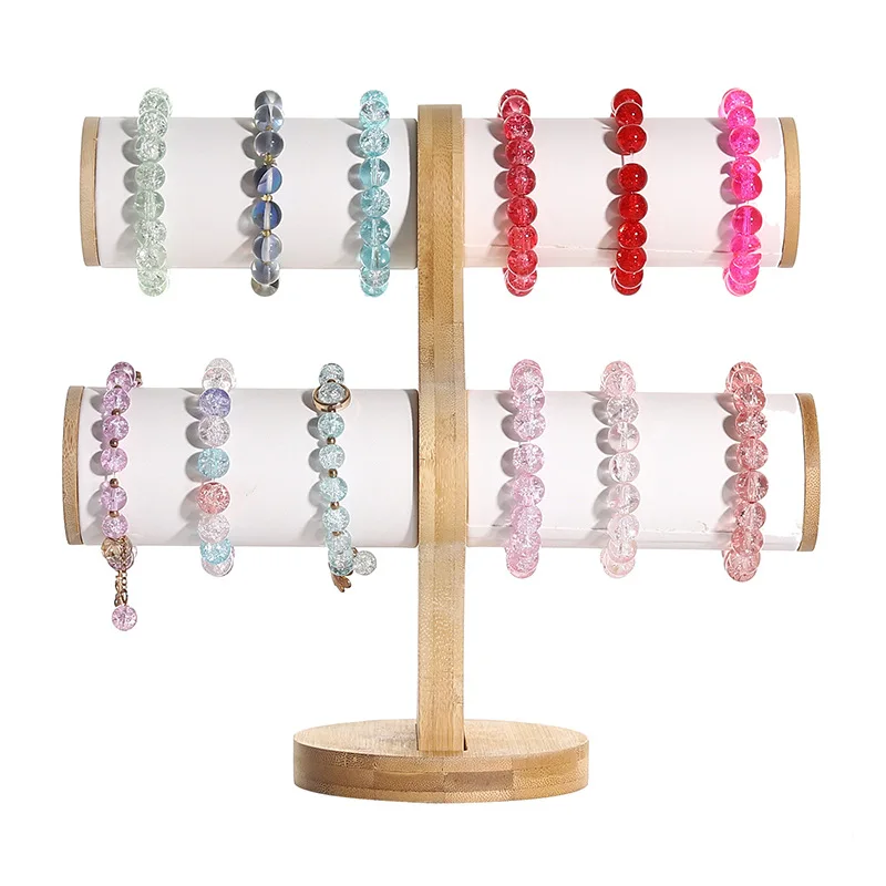 2 Tiers Display T Bar Stand Home Bracelets Organization Jewelry Showcase Watch Storage Bangle Organizer Table Top Wooden Holder