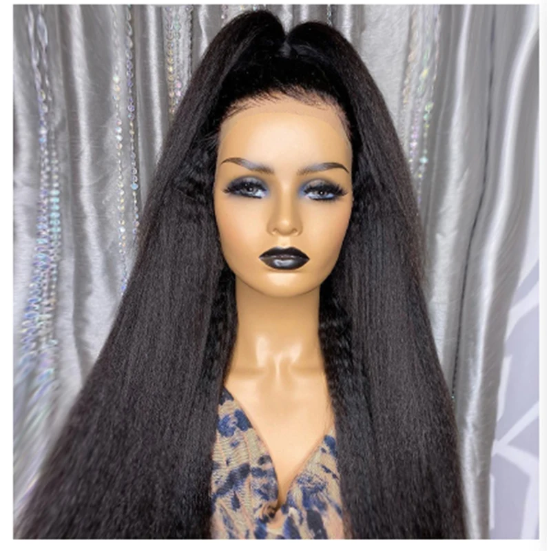 

Glueless Yaki 180 Density Long Kinky Straight Synthetic Lace Front Wig For Black Women Cosplay Heat Resistant Natural Hiarline