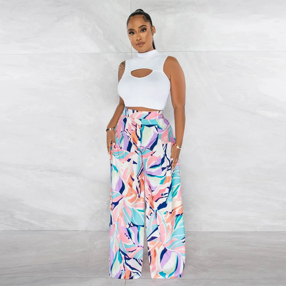 

Женский летний комплект из 2 предметов, сексуальный топ без рукавов с круглым вырезом и короткие брюки с принтом и широкими штанинами, 2022